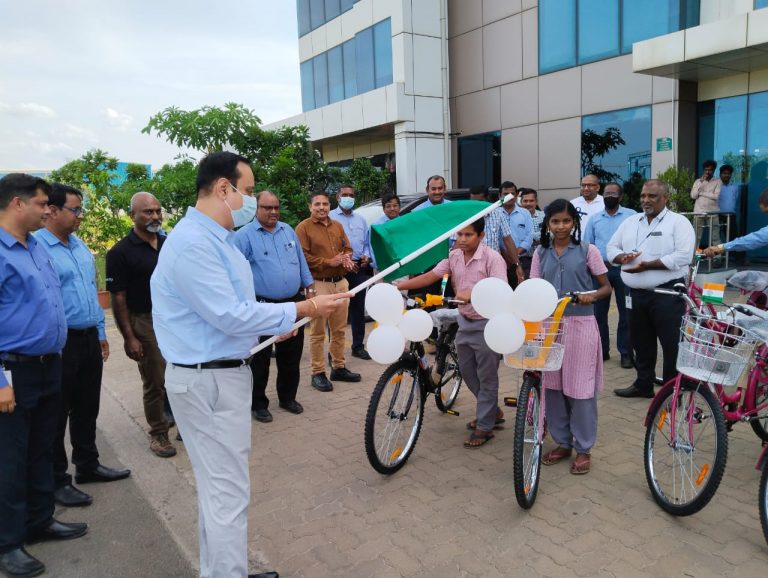 Mr. Jai Khurana, CEO - Southern Ports flagging off the Bicycle distribution programme at Kattupalli port